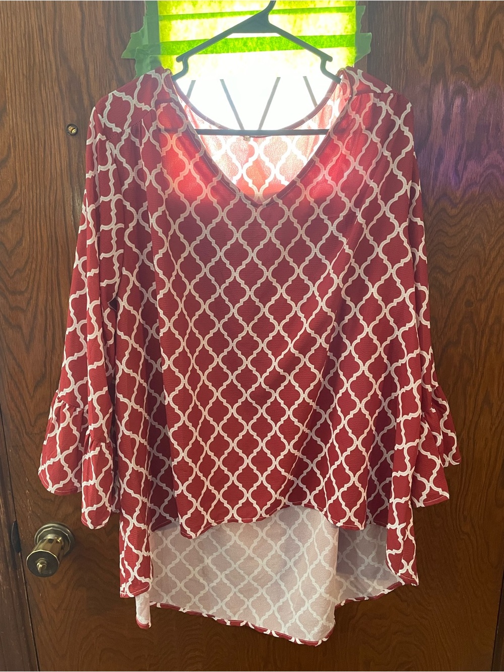 Red Patterned V-Neck Tunic Top
